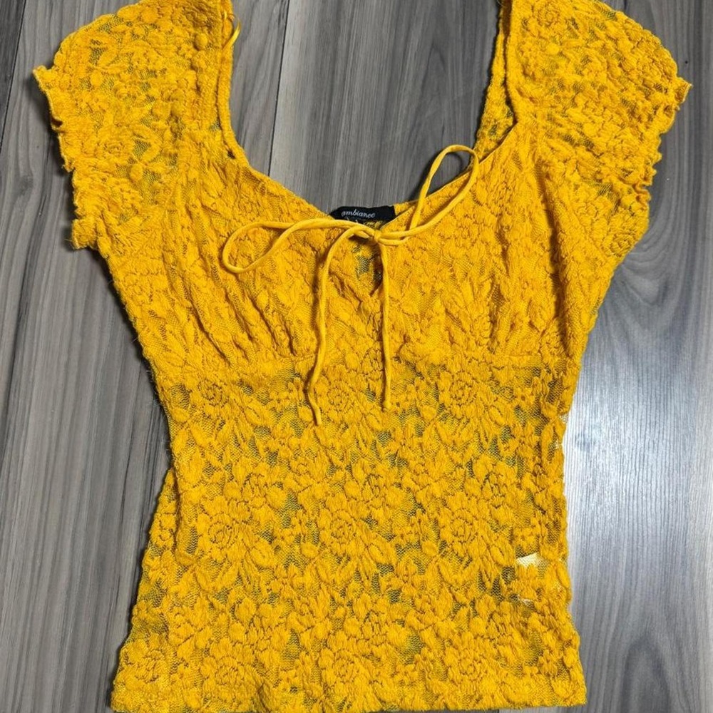 Ambiance yellow lace crop top with floral pattern, size S